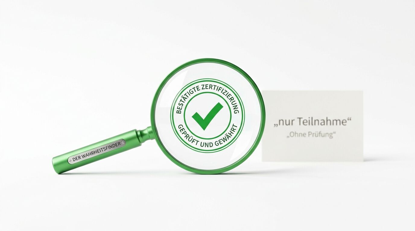 Grüne Lupe mit Zertifizierungssiegel und Text "Der Wahrheitsfinder", daneben Schriftzug "nur Teilnahme - Ohne Prüfung"