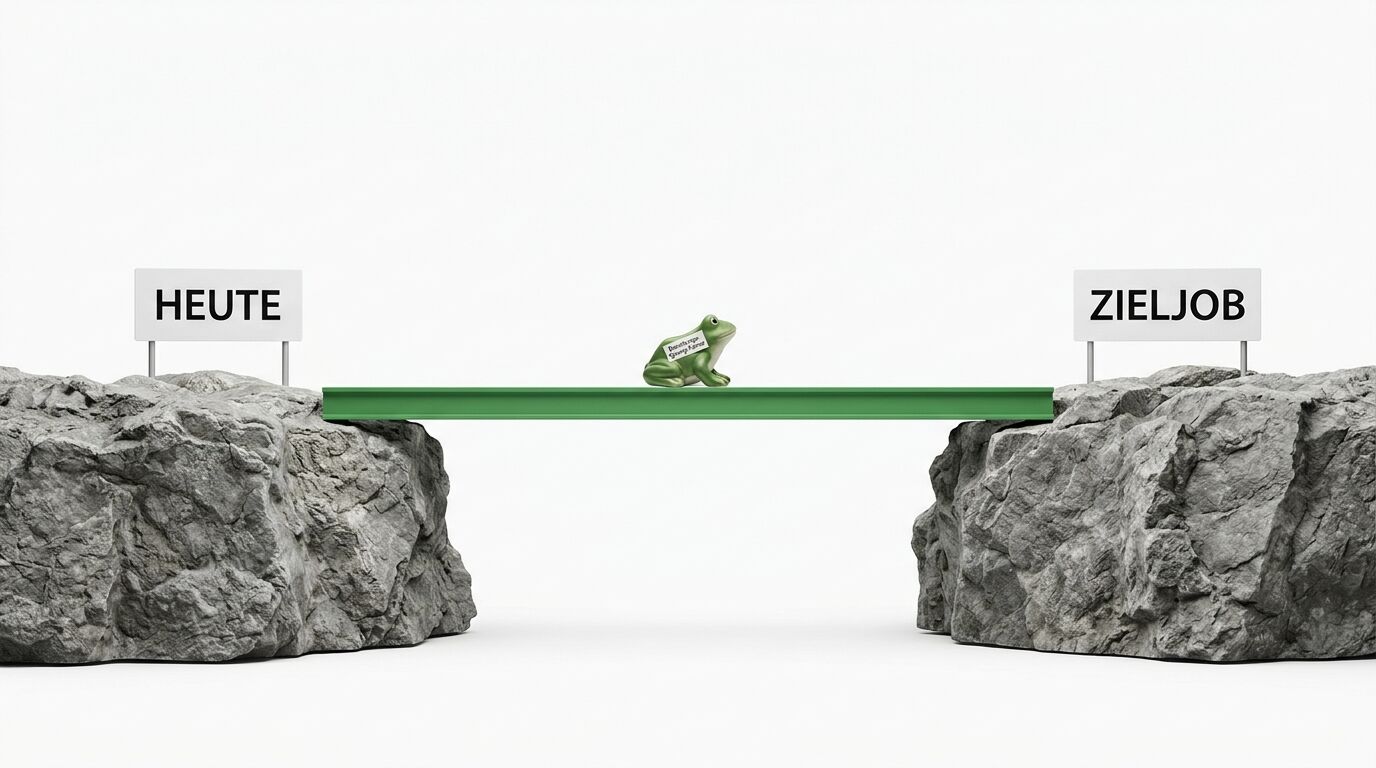 Frosch auf grüner Brücke zwischen zwei Felsen, links "HEUTE", rechts "ZIELJOB"