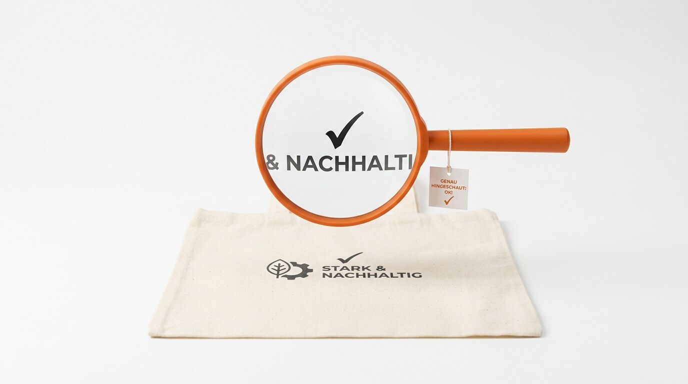 Lupe mit Orange Rahmen auf Baumwolltasche "Stark & Nachhaltig", Etikett mit Haken und deutschem Text