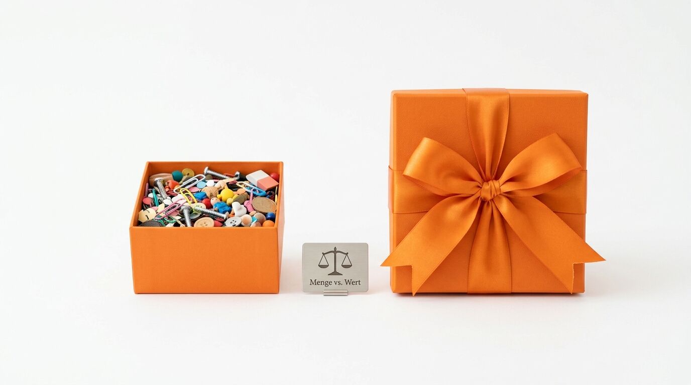 Drei orange Objekte: links eine Schachtel mit Bastelmaterialien, Mitte eine Waage mit "Menge vs. Wert", rechts ein Geschenk mit Schleife