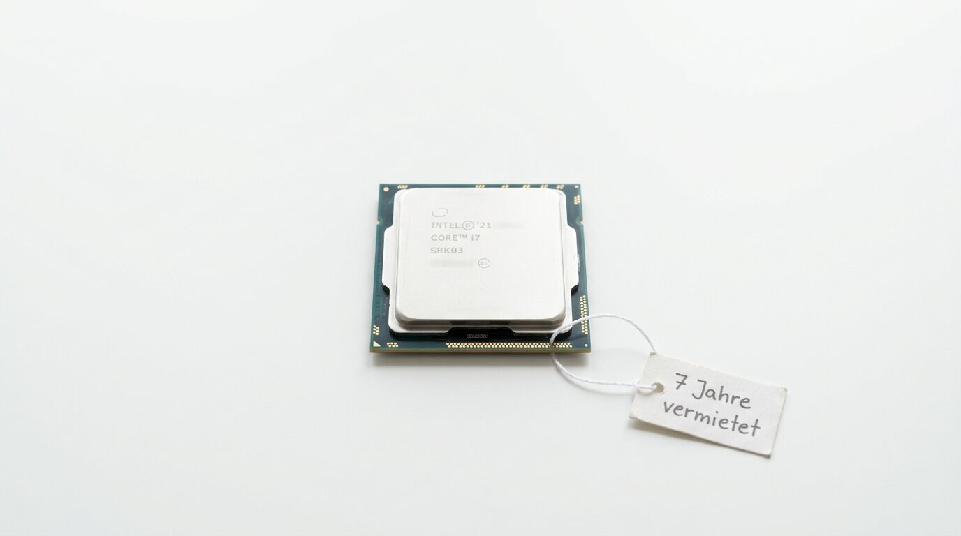 Intel Core i7 Prozessor mit Anhänger: „7 Jahre vermietet“ auf weißem Hintergrund