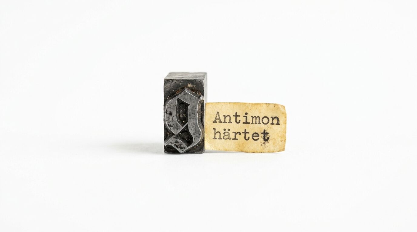 Metallletter und Zettel mit Aufschrift „Antimon härtet“