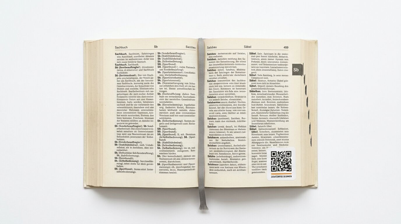 Aufgeschlagenes, illustriertes Lexikon mit Text, Bildern und einem QR-Code