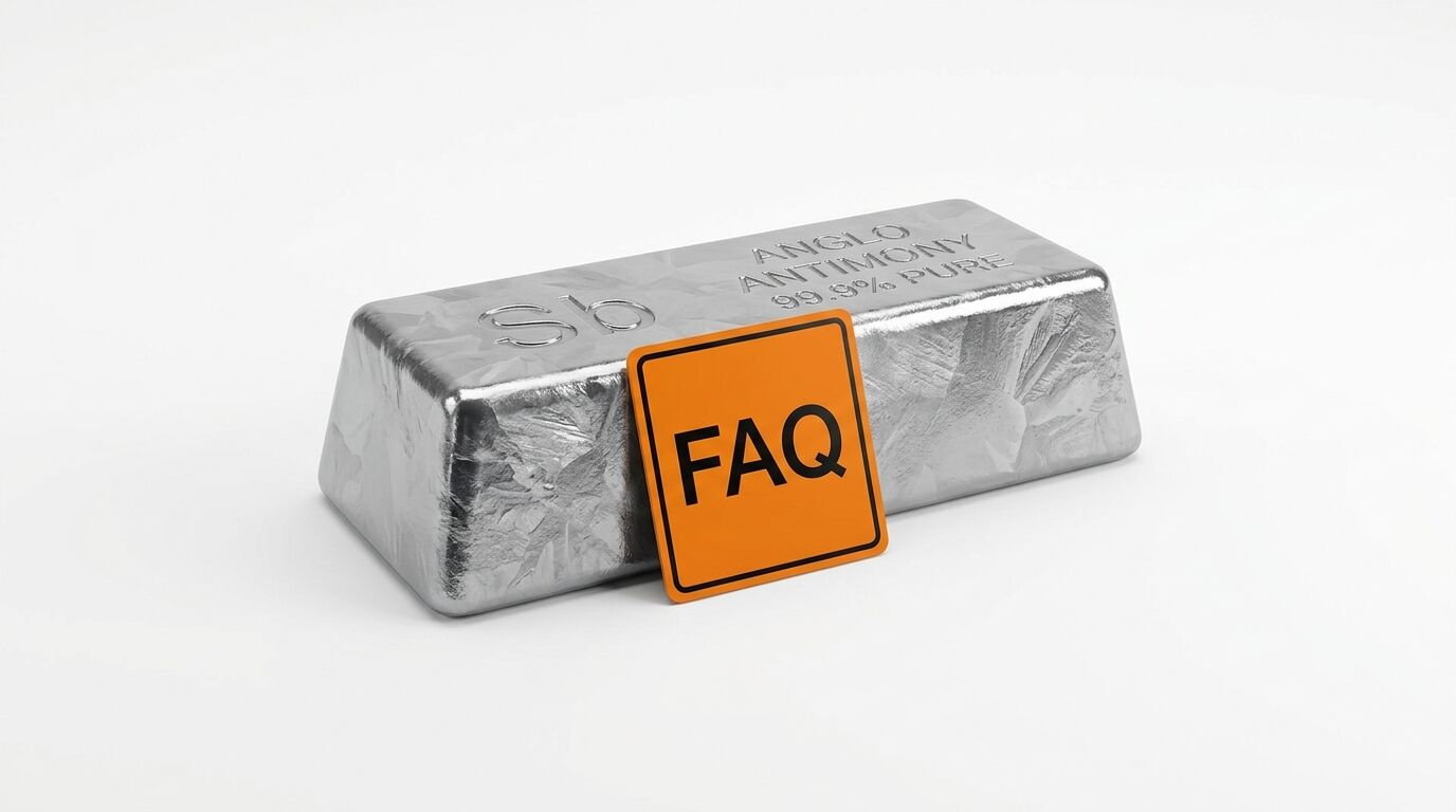 Metallbarren mit „Sb Anglo Antimony 99,9% pure“ und davorliegendem orangefarbenem „FAQ“-Schild