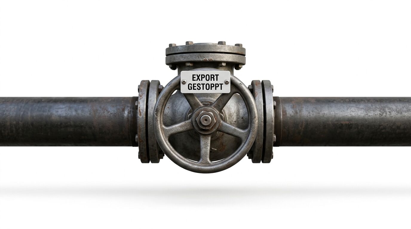 Ein Metallrohr mit Ventil und Schild „EXPORT GESTOPPT“ vor weißem Hintergrund