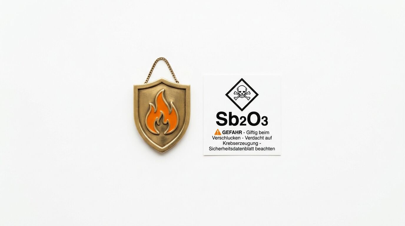 Metallsachild mit Flamme neben Warnhinweis für Sb2O3