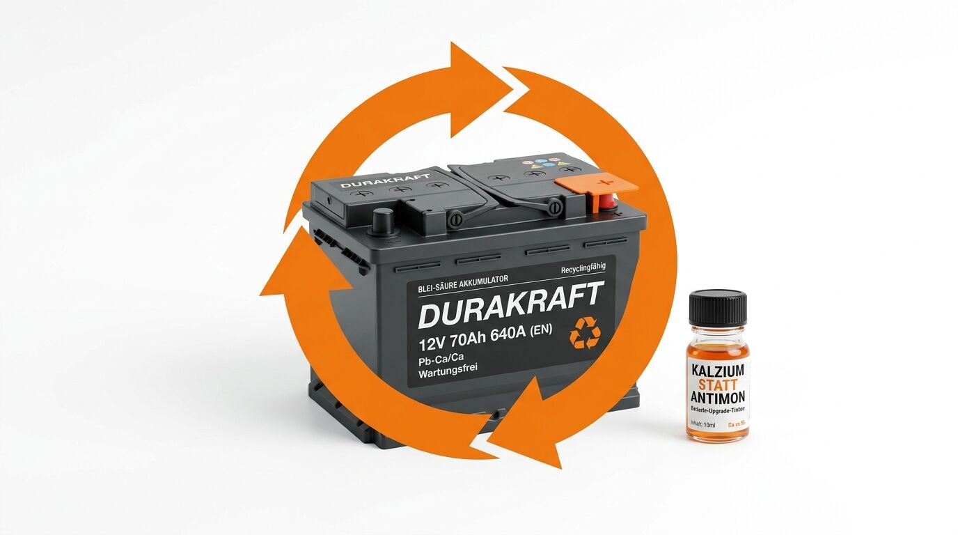 Durakraft 12V 70Ah Bleiakku, flankiert von Recycling-Pfeilen und Kalzium-Upgrade-Tinktur