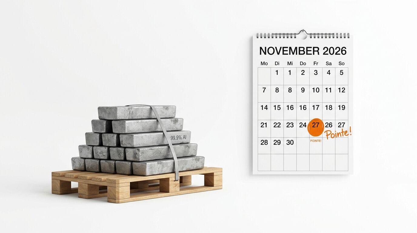 Aluminiumbarren auf Palette neben einem November 2026 Kalender, markiert am 27