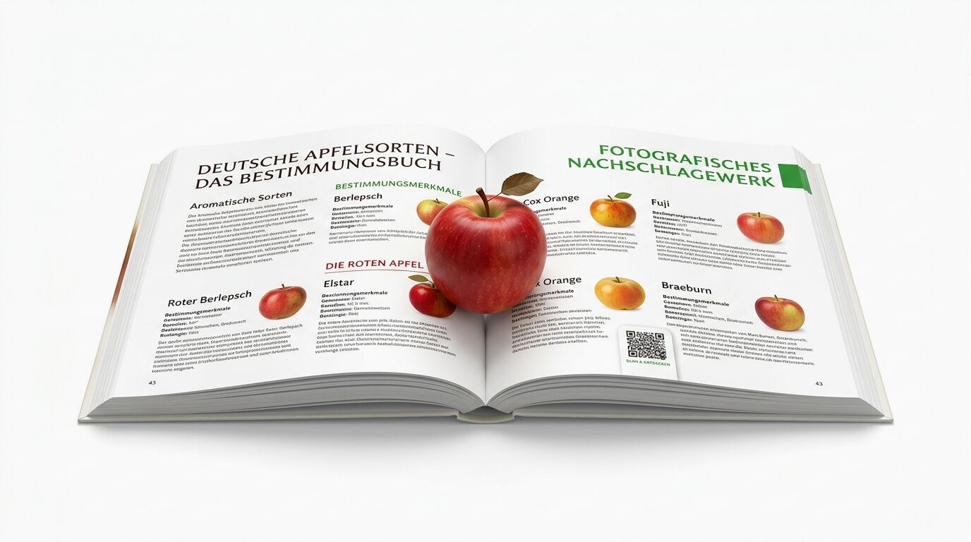 Aufgeschlagenes Buch über deutsche Äpfel mit Fotos und ein echtes Obst dazwischen