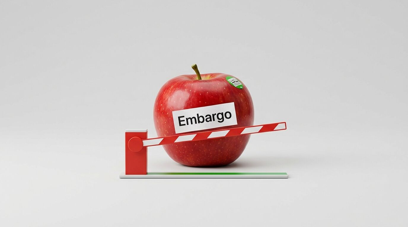 Apfel hinter geschlossener rot-weißer Schranke mit dem Schriftzug „Embargo“