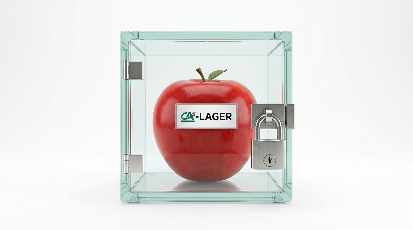 Ein Apfel mit „CA-LAGER“-Schild in einem Glaswürfel mit Vorhängeschloss
