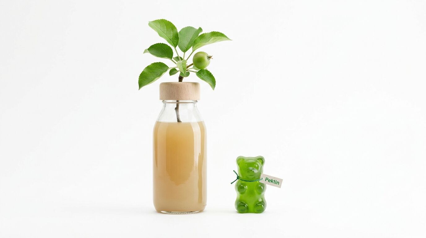 Apfelsaftflasche mit Ästchen, grünes Gummibärchen mit „Pektin“-Etikett vor weißem Hintergrund