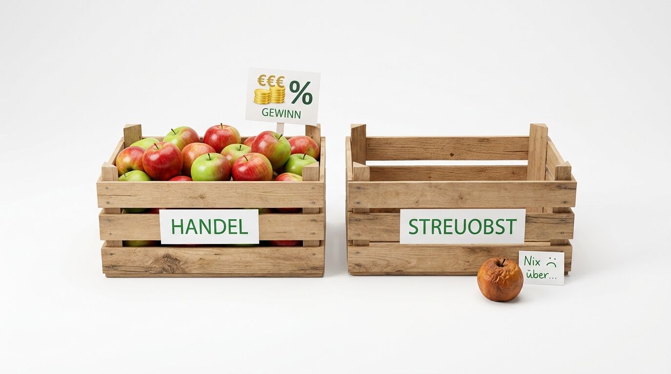 Vergleich zweier Kisten: Volle „HANDEL“-Kiste mit Gewinn-Schild vs. leere „STREUOBST“-Kiste