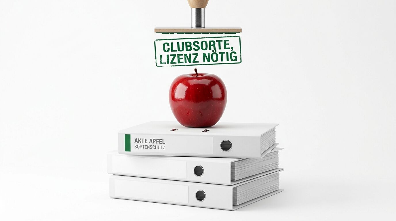 Roter Apfel auf Aktenordnern, darüber schwebender Stempel mit grünem Text