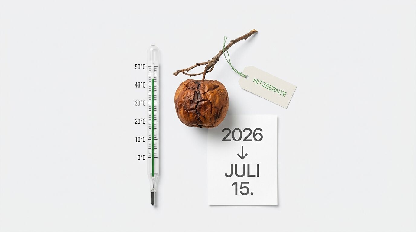 Thermometer zeigt 43°C, dazu vertrockneter Apfel, Tagesschild „HITZEERNTE“ und Datum „15. JULI 2026“