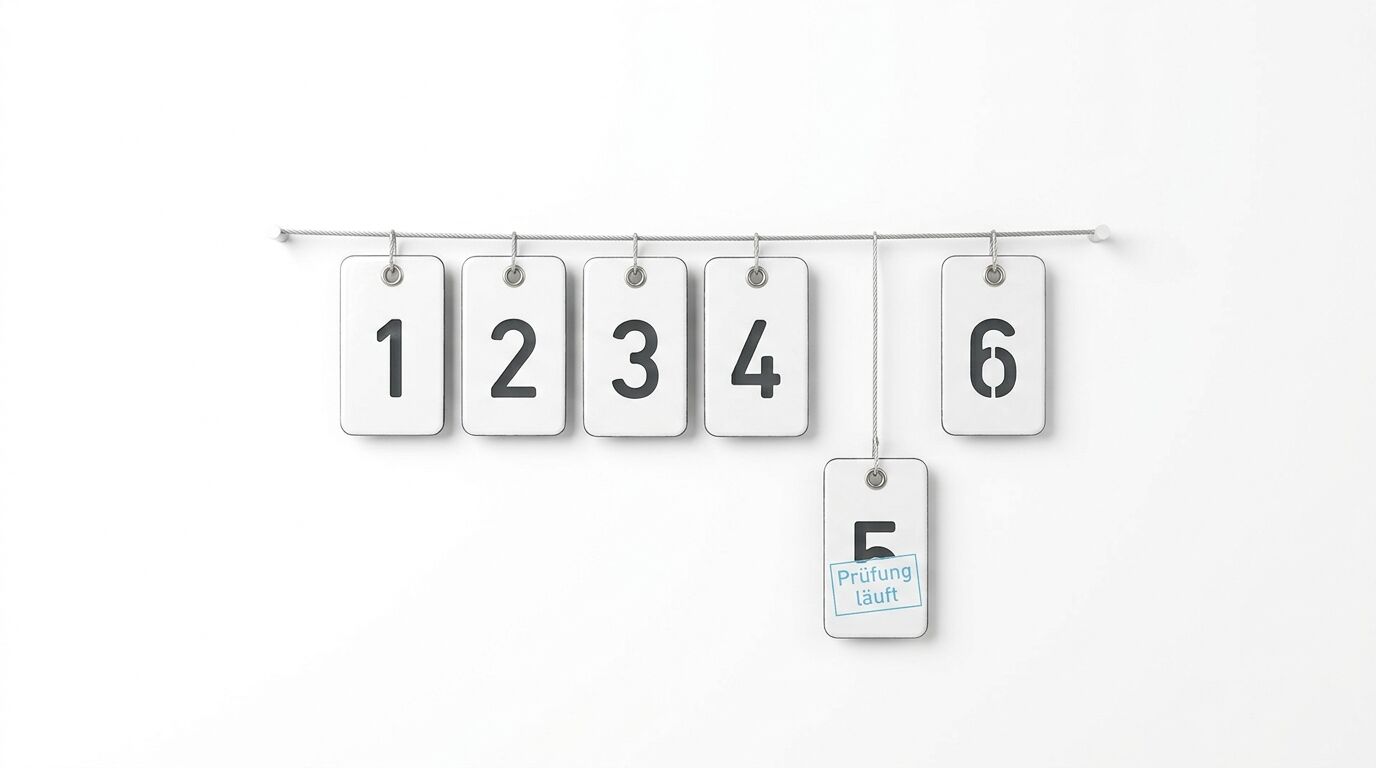 Nummerierte Anhänger an einer Schnur: 1, 2, 3, 4, 6 in einer Reihe, Anhänger 5 darunter mit "Prüfung läuft" Text