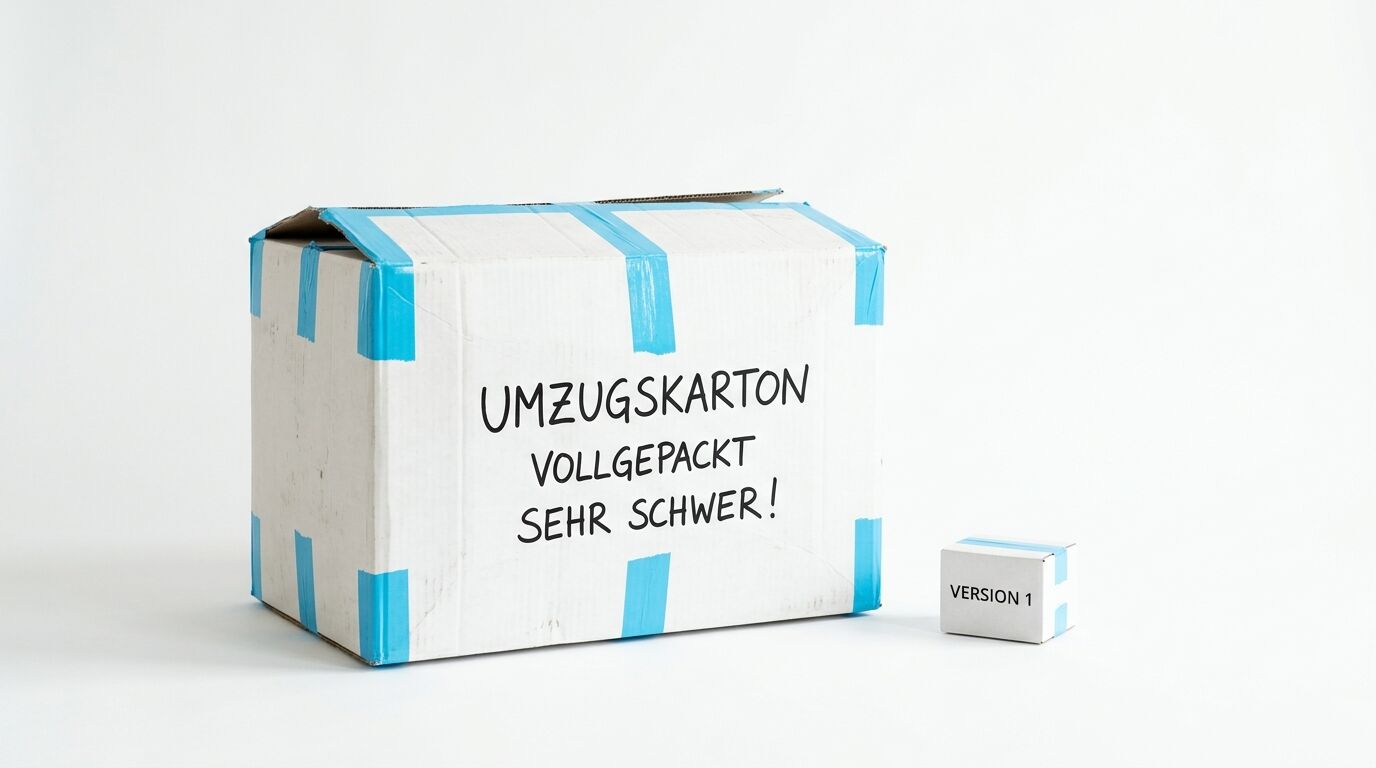 Ein großer Umzugskarton mit blauem Klebeband und Text "Umzugskarton vollgepackt sehr schwer!" neben einer kleinen "Version 1" Box