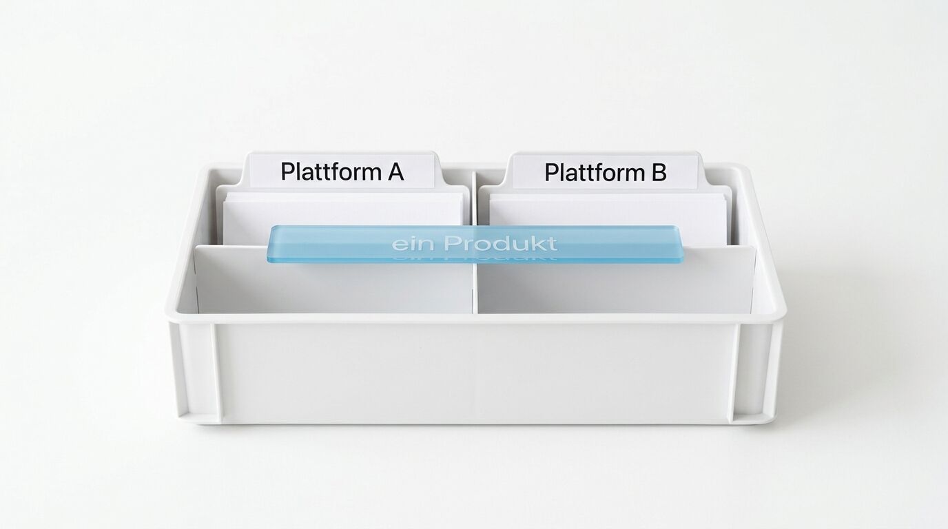 Weiße Kunststoffbox mit zwei Fächern labeled "Plattform A" und "Plattform B", dazwischen ein blaues Trennblatt mit Text "ein Produkt"