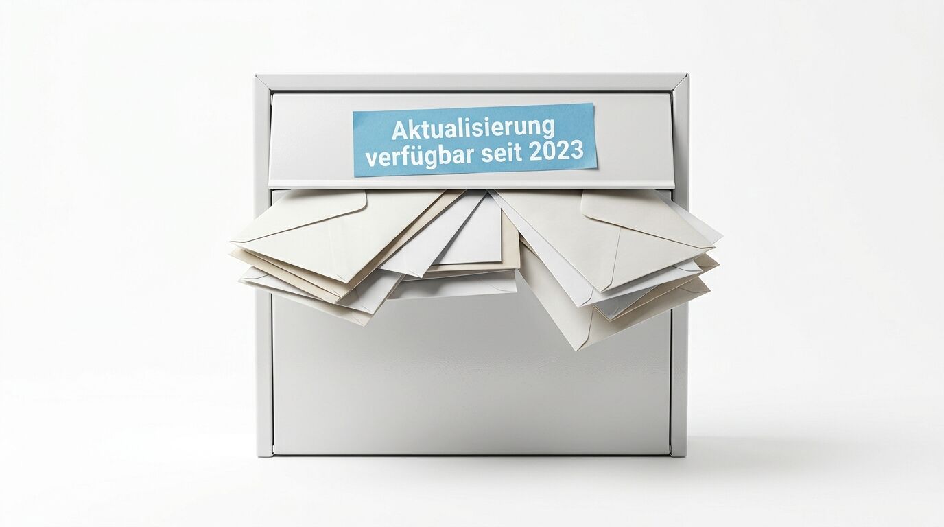 Overflowing mailbox with envelopes and a blue label reading "Aktualisierung verfügbar seit 2023"