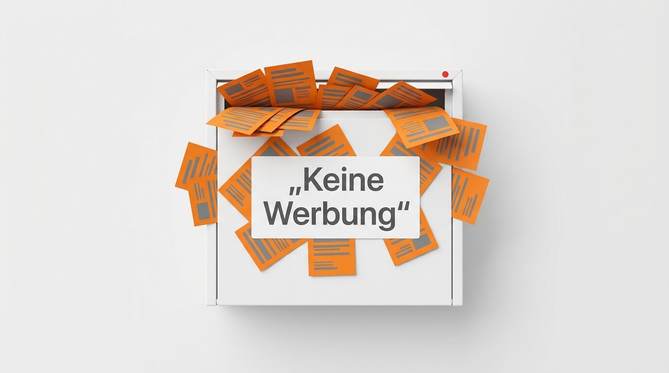 Briefkasten quillt über mit orangefarbener Post trotz Schild „Keine Werbung“