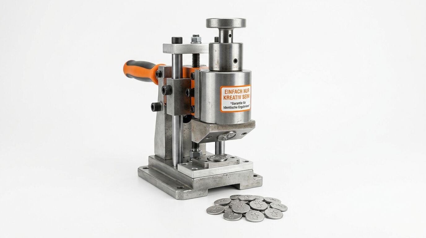 Silberne Metallpresse mit orangefarbenem Griff und kleinen Münzen auf weißem Grund