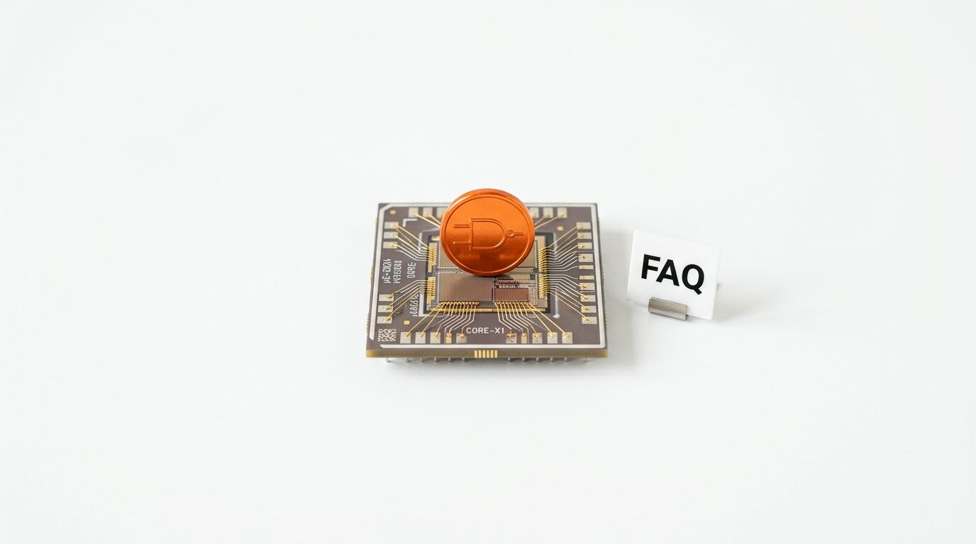 Offener Prozessor mit oranger Münze und „FAQ“-Schild auf Weiß