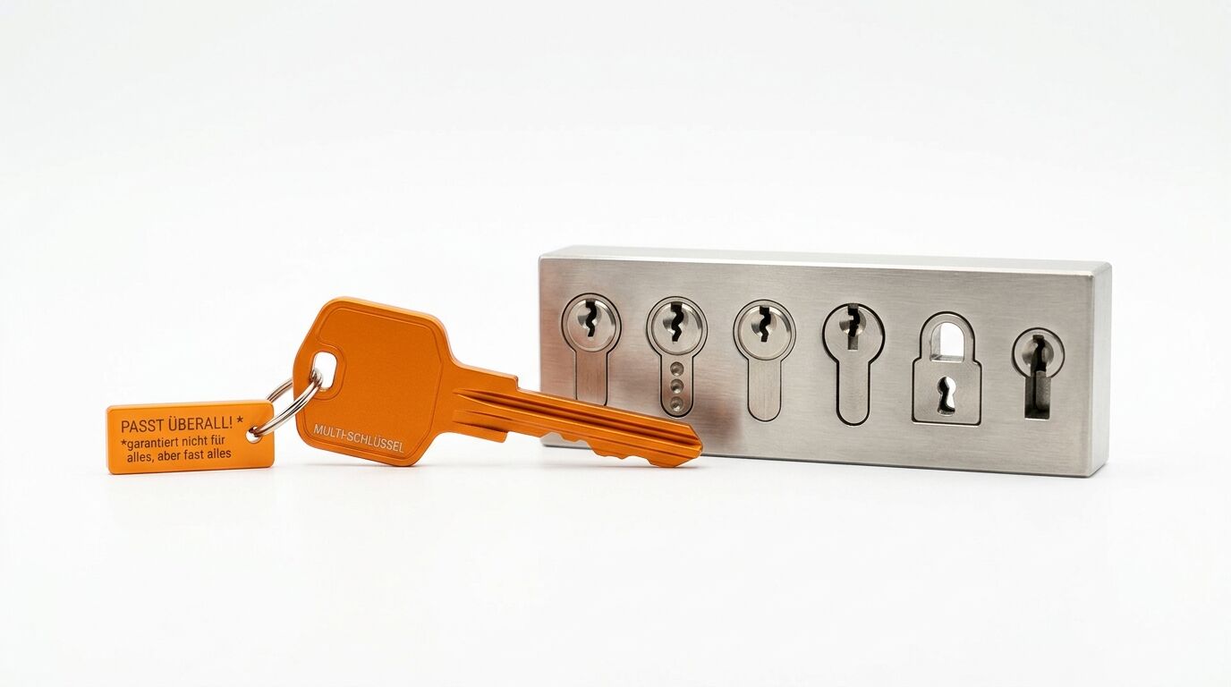 Oranger Schlüssel mit Anhänger vor Metallblock mit verschiedenen Schlüssellöchern