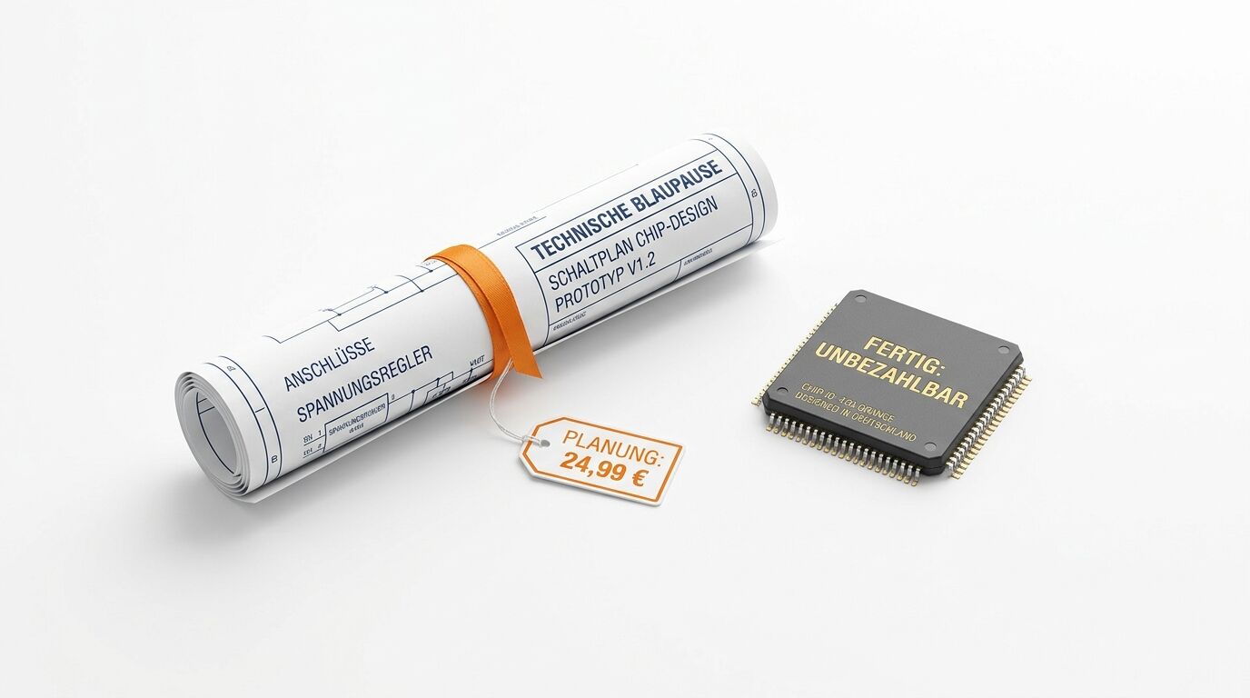 Technische Blaupause, Chip und Preisschild nebeneinander auf weißem Grund