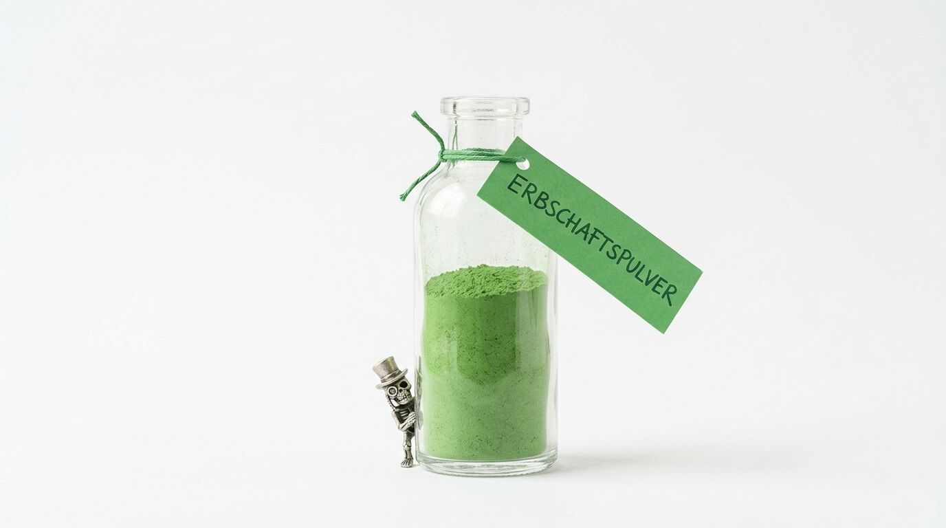 Glasflasche mit grünem Pulver, Schild „ERBSCHAFTSPULVER“ und Skelettfigur daneben