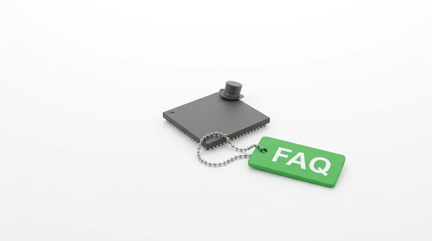 3D-Mikrochip mit Hut-Zylinder und grüner FAQ-Marke auf weißem Grund