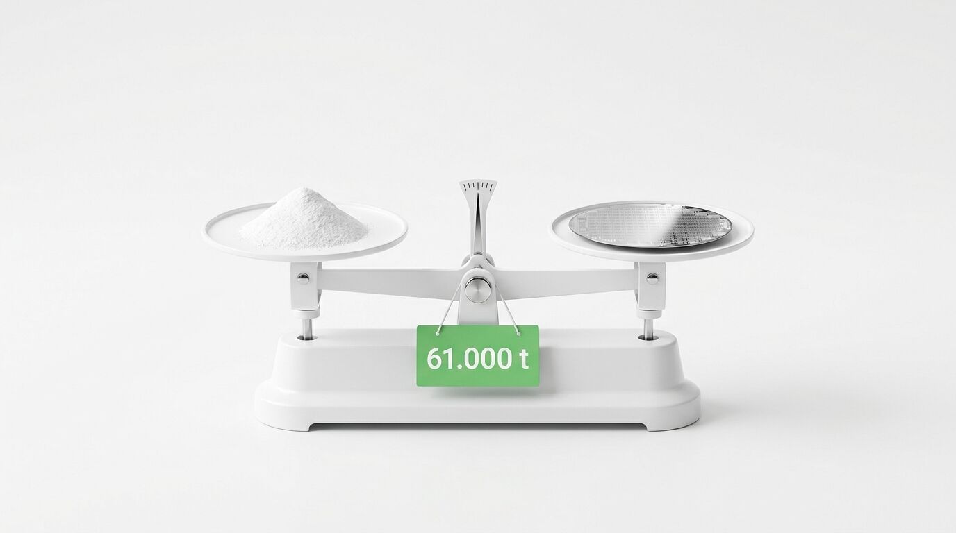 Eine Waage mit weissem Pulver und Silizium-Wafer, Gewichtsschild 61.000 t vor weissem Hintergrund