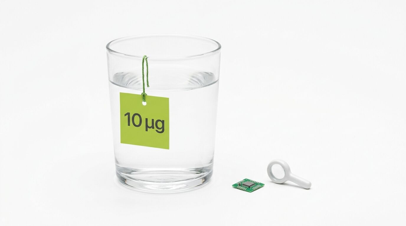 Glas mit Wasser, 10-µg-Zettel an Schnur, Mikrochip, Magnon auf weißem Grund