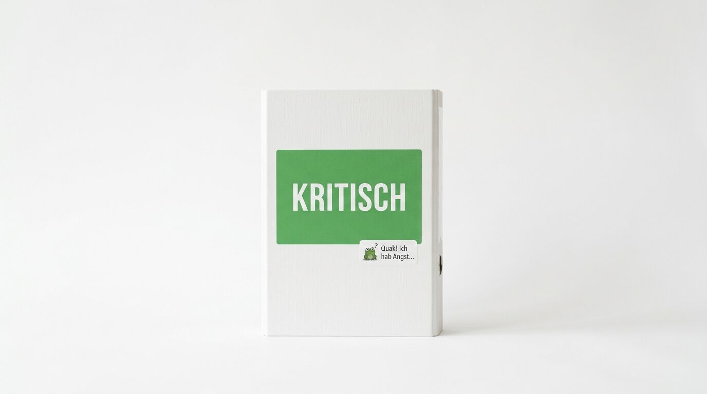 Weißer Aktenordner mit grünem „KRITISCH“-Aufkleber und Froschbildchen auf grauem Grund