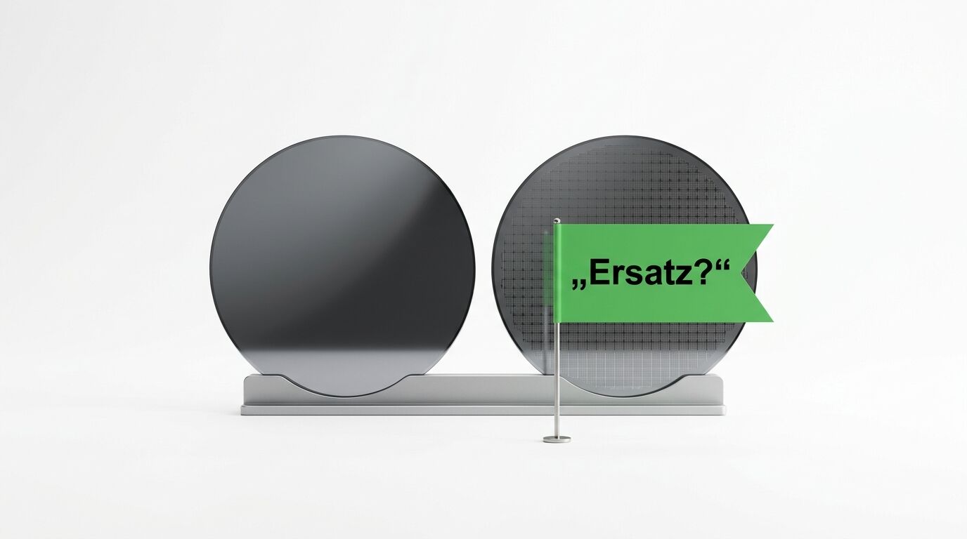 Zwei Wafer, davor eine grüne Fahne mit der Aufschrift: „Ersatz?“