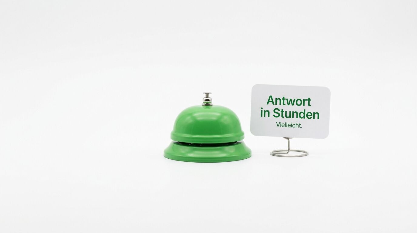 Grüne Rezeptionsklingel neben Schild: Antwort in Stunden Vielleicht
