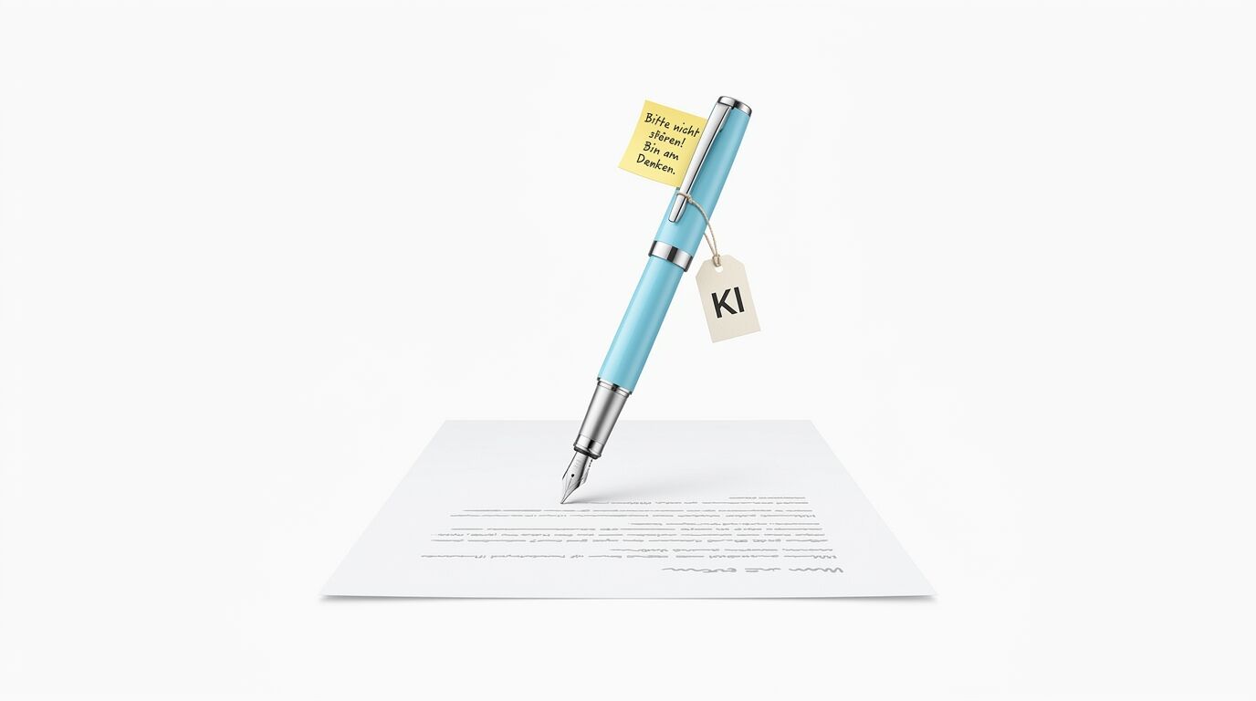 Füller schreibt auf Papier, mit Notizen „Bitte nicht stören! Bin am Denken.“ und „KI“