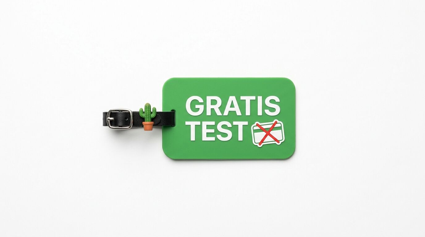 Grüner Kofferanhänger mit der Aufschrift „GRATIS TEST“ und kleinem Kaktus-Anhänger