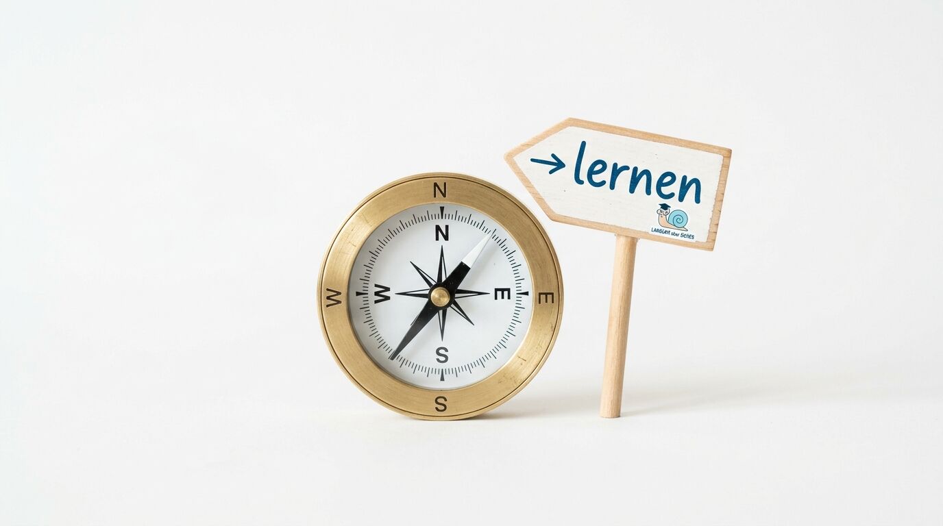 Messingkompass neben einem Holzschild mit dem Schriftzug „→ lernen“ auf weißem Hintergrund
