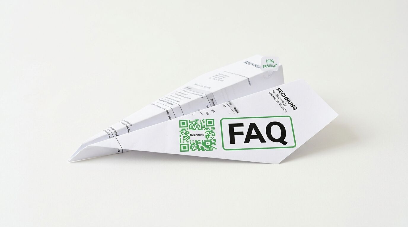 Ein Papierflieger aus einer Rechnung mit QR-Code und FAQ-Schild auf weißem Grund