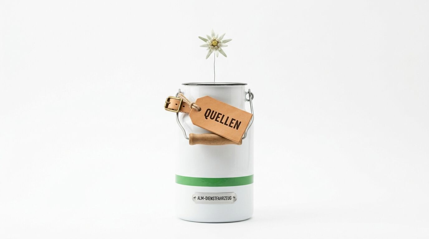 Milchkanne mit Edelweiß, „QUELLEN“-Schild und „ALM-DIENSTFAHRZEUG“-Plakette auf weiß