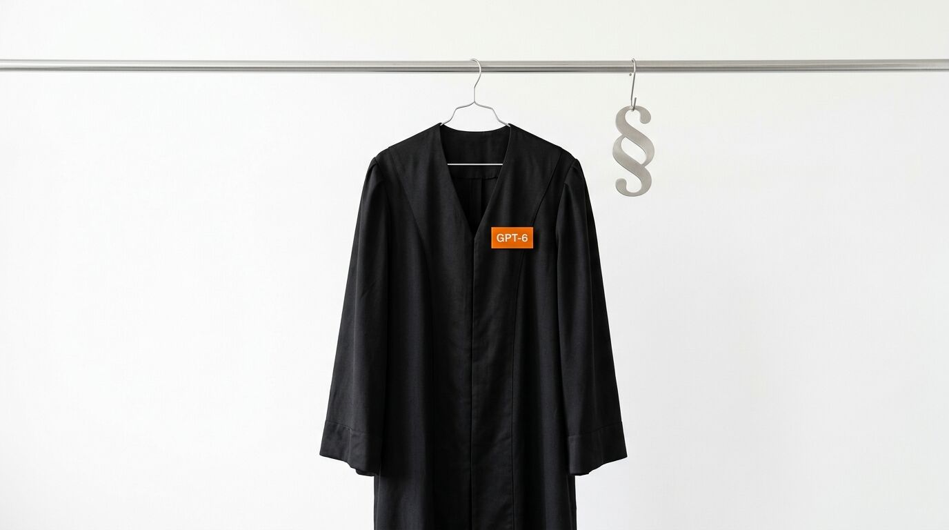 Schwarze Robe mit „GPT-6“-Schild und Paragrafenzeichen hängen an einer Stange vor weißer Wand