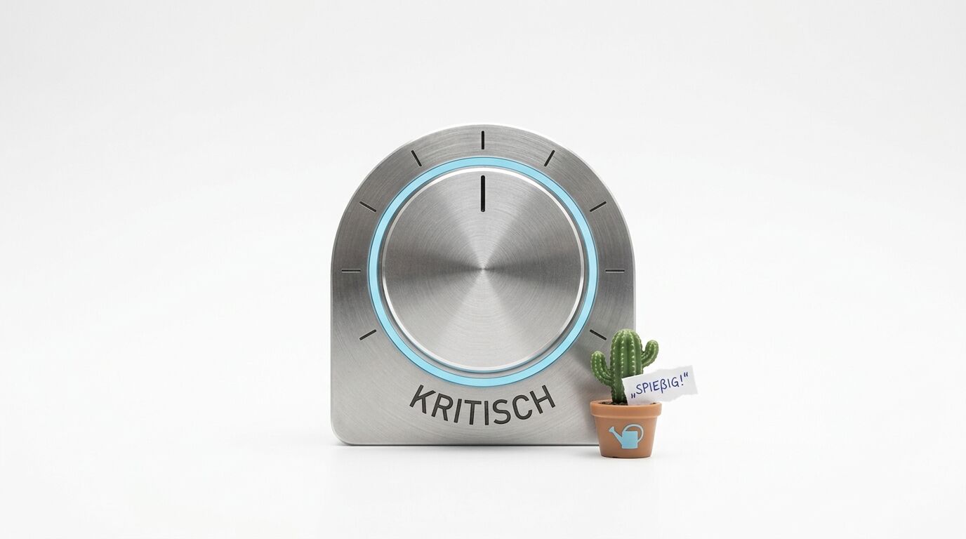 Metallerner Drehregler mit Gravur „KRITISCH“ und kleinem Kaktus mit Schildchen „SPIEBIG!“