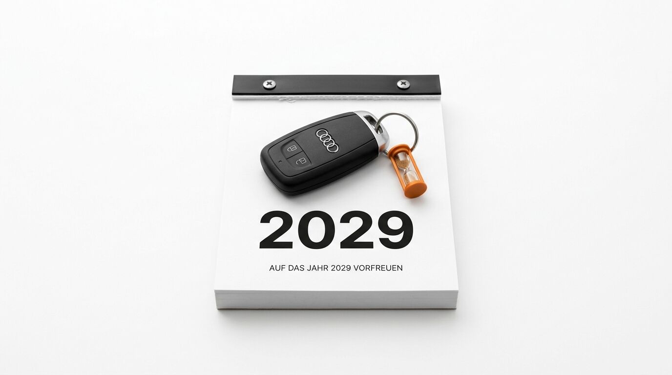 Kalender 2029 mit Audi-Schlüssel und Sanduhr-Anhänger auf weißem Grund