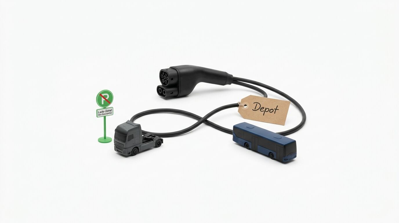 Ein Ladekabel mit Bus- und Lkw-Miniaturen, Verkehrsschild und Depot-Anhänger