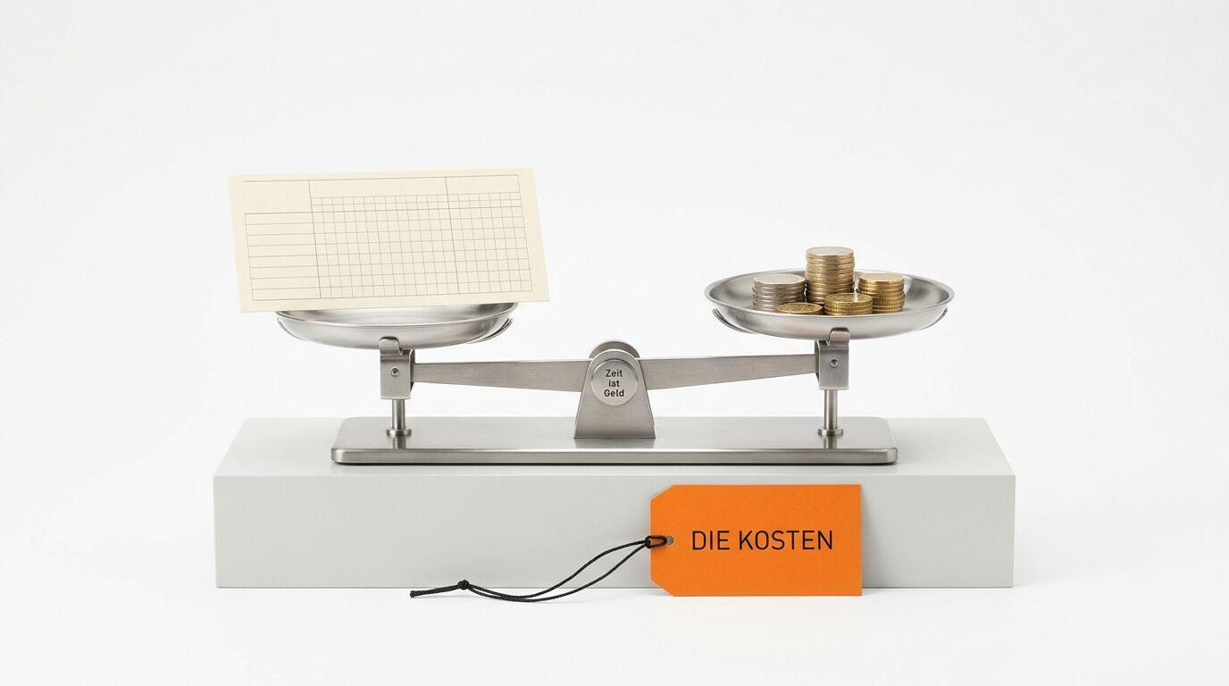 Eine Waage im Gleichgewicht mit einer Karte links und Münzen rechts auf grauem Sockel