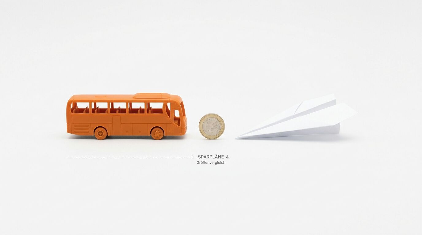 Oranger Spielzeugbus, 1-Euro-Münze und Papierflieger nebeneinander mit Text