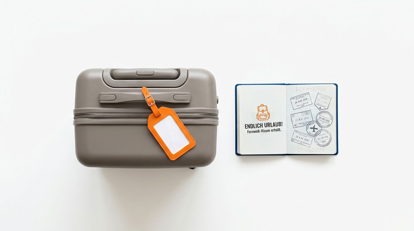 Reisekoffer mit Kofferanhänger und aufgeschlagener Pass mit Reisestempeln auf Weiß