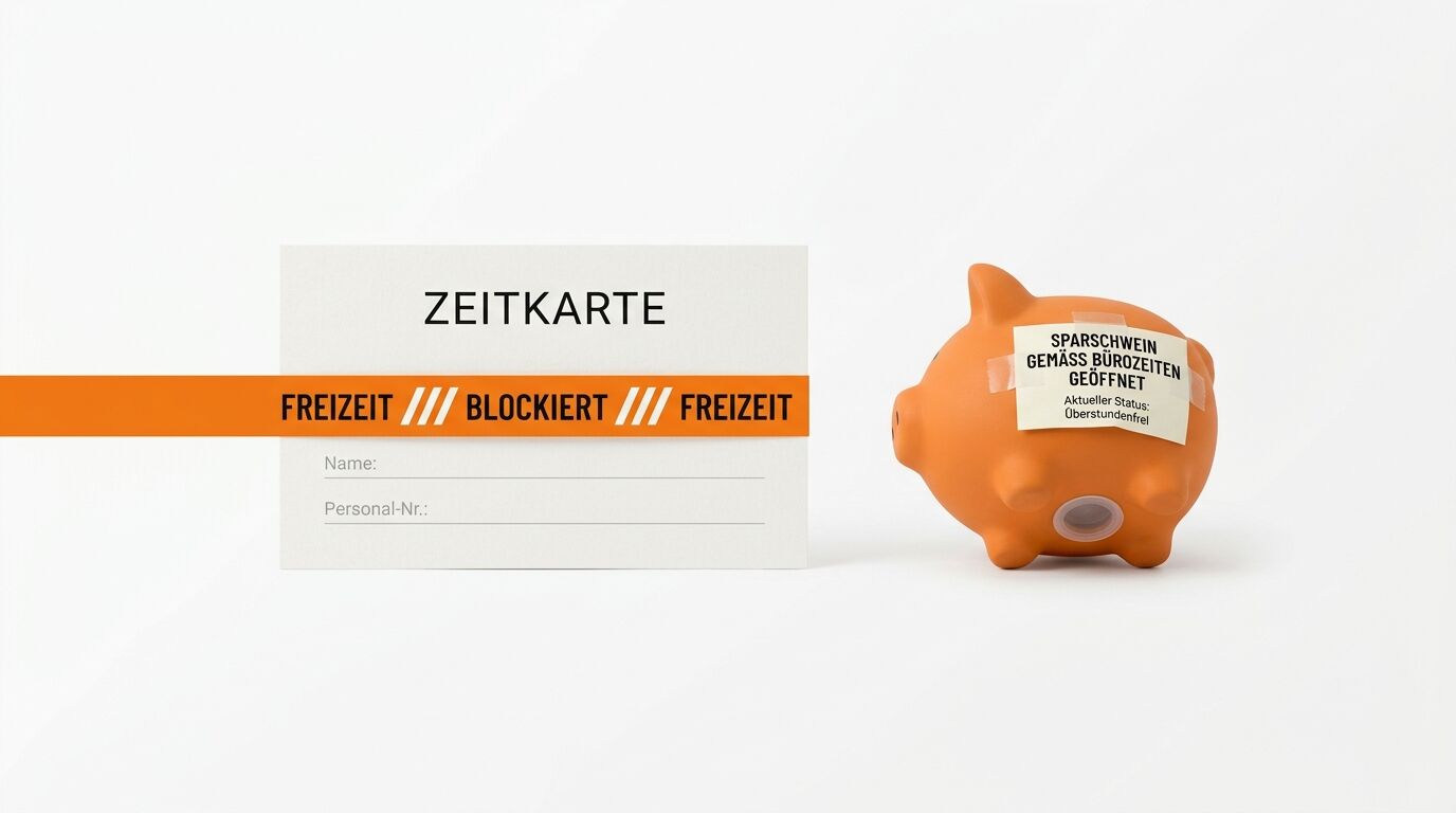 Zeitkarte und Sparschwein mit Hinweisen zur Freizeit und Bürozeit auf weißem Grund