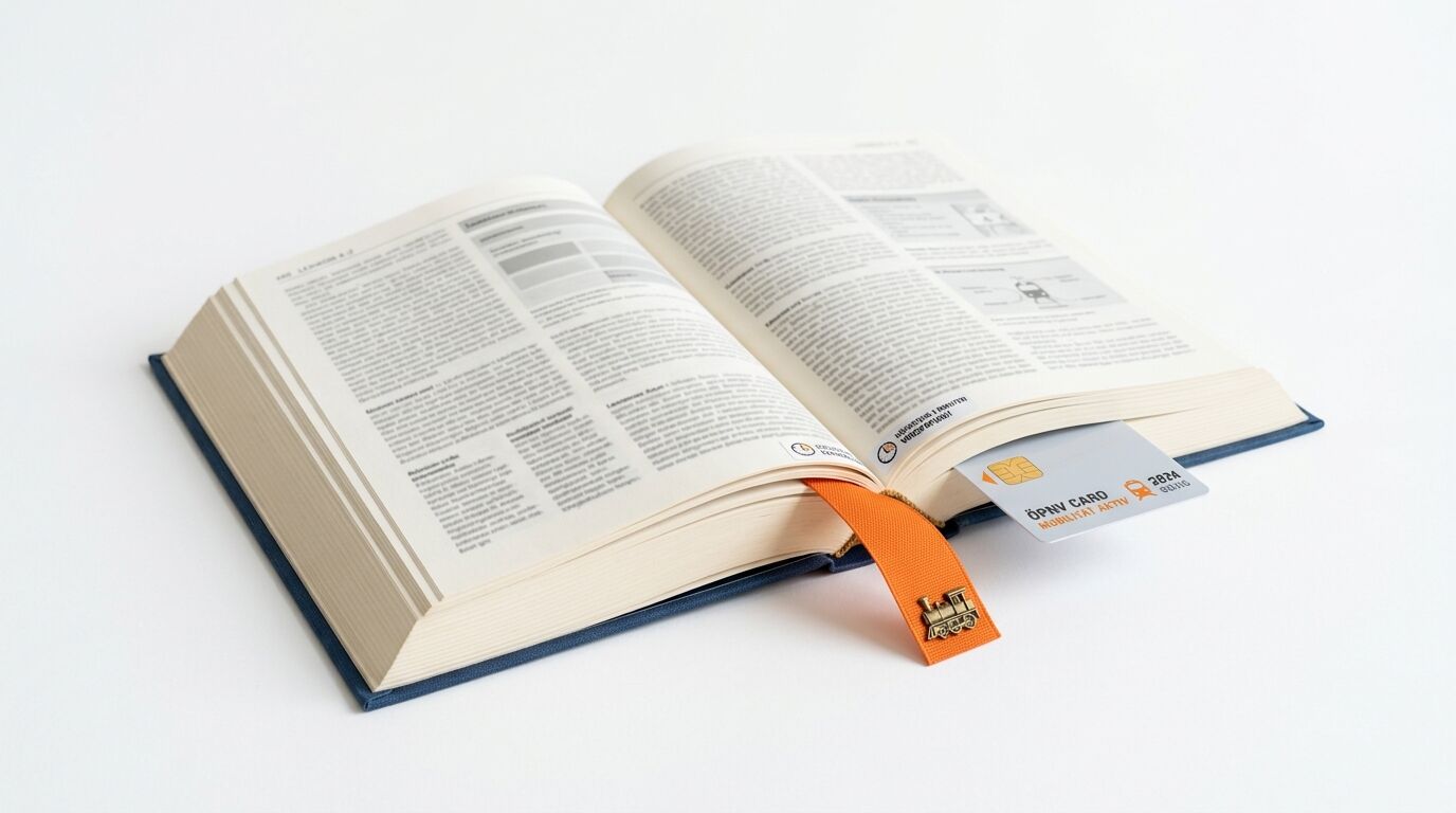 Aufgeschlagenes Buch mit einem orangefarbenen Band und einer Karte darauf, vor weißem Hintergrund