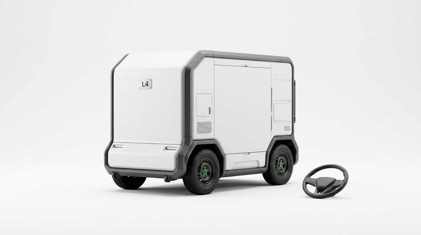 Ein weißer, kompakter, autonom fahrender Liefertransporter mit Lenkrad davor auf grauem Grund